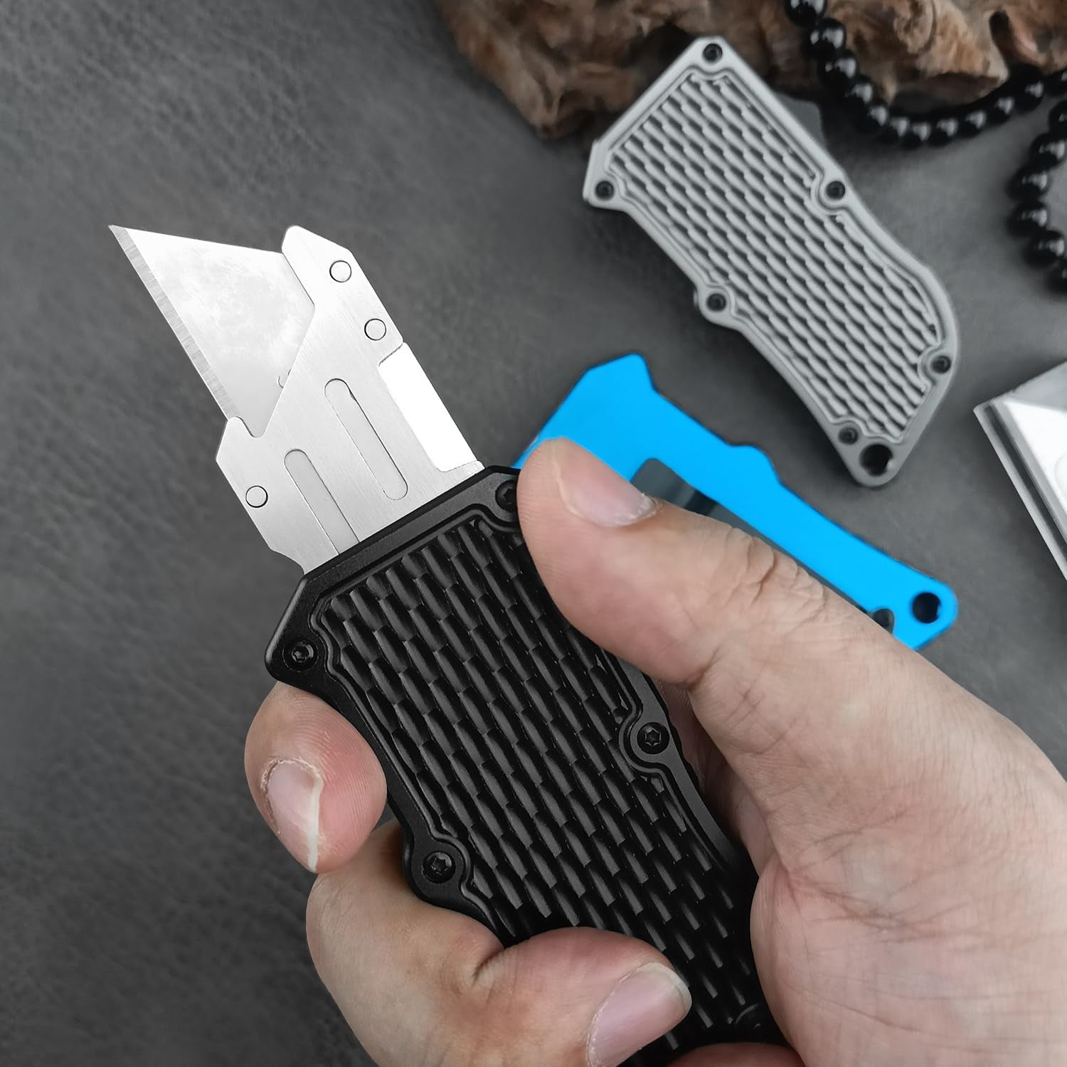 Premium Folding Utility Knife with Textured Handle, Black, Replaceable Blade
