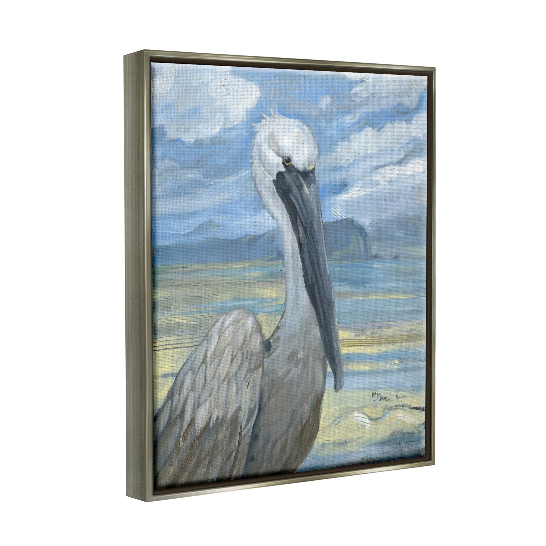 Stupell Industries Salty Pelican Cloudy Coastal beach Painting Luster Gray Floating Framed Canvas Print Wall Art, Design by Paul Brent