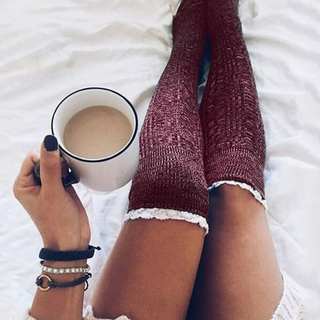 

2 pair Women Cotton Stockings Knee Socks Knit Thigh Over Long High Socks Color Random