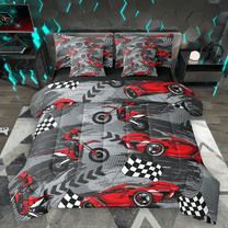 Manfei Red Dirt Bike Bedding Comforter Set 7-Piece, Motocross Game Full Bedding Set, Racing Car Fitted Sheet Flat Sheet, Microfiber Bedroom Decor