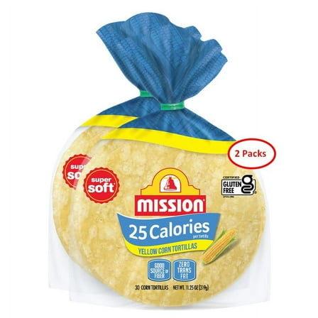 Mission 25 Calorie Yellow Corn Tortillas - 30 Count - 11.25 oz. - 2 Packs (60 Tortillas) - Low Calorie Corn Tortillas - Certified Gluten Free