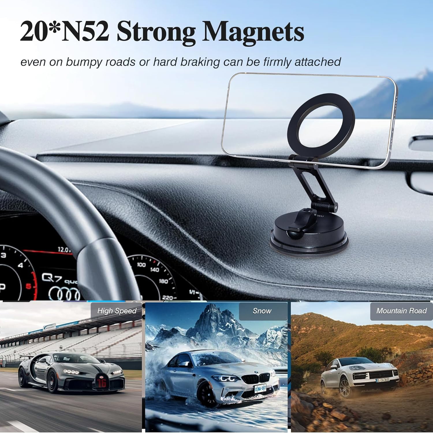 FHDFHD for MagSafe Car Mount Magnetic Phone Holder 360°Rotation Suction Cup Phone Mount for Car Foldable Adjustable Stable Cradle Compatible with iPhone 17/16/15/14/13/12 Series Android