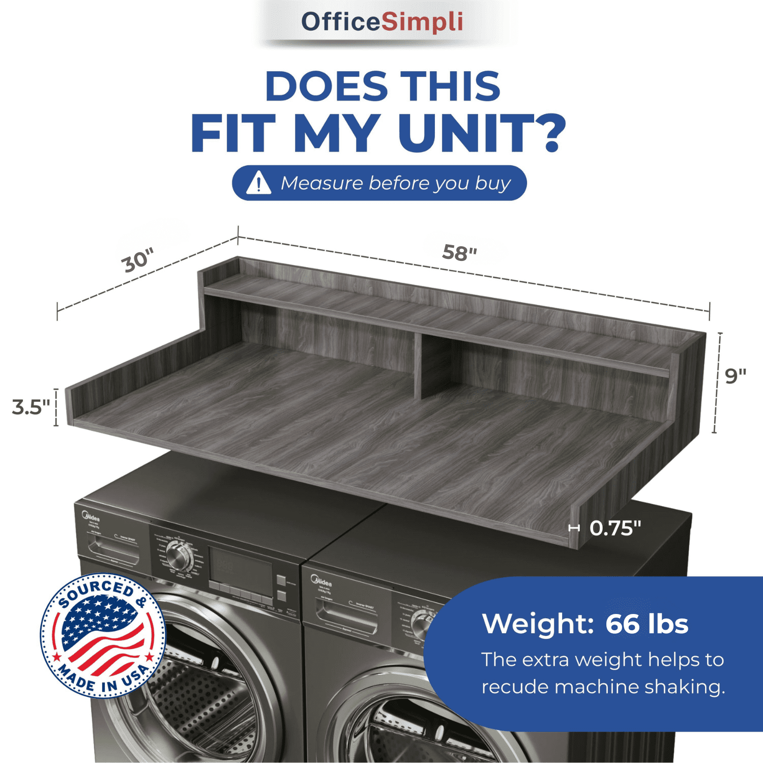 OfficeSimpli Large Washer Dryer Countertop with Shelf - 30 x 58 Inch - Made in USA Laundry Countertop Over Washer and Dryer with Non-Slip Pads, Storage Shelf, Laundry Topper Organizer, Iconic Maple