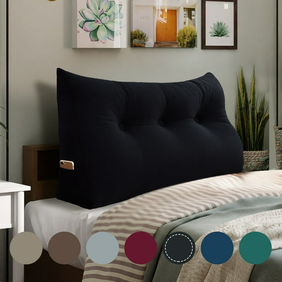 WOWMAX Large Bolster Triangular Reading Backrest Positioning Support Wedge Pillow Headboard for Day Bed Bunk Bed RV/Trailer with Removable Cover Twin Velveteen Black