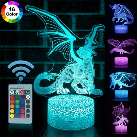

DYstyle Kids Birthday Gift Dinosaur Remote and Touch Control 3D LED Night Light Christmas Gift Living Room Decoration 16 Color Dragon LED Table Desk Lamp