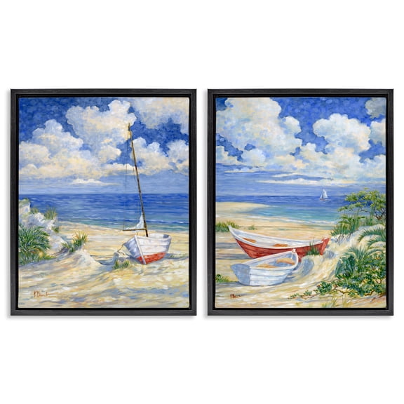 Stupell Industries Row Boat on Sandy Beach Nautical & Beach Painting Black Floater Framed Canvas Art Print Wall Art, 17 x 21, Set of 2