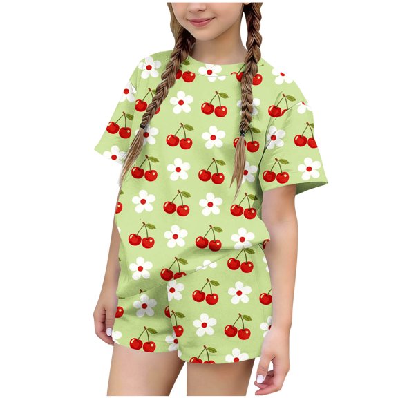 Girls Summer 2 Piece Outfits Round Neck Printed Short Sleeve T-shirt with Loose Shorts Set Casual Loungwear Green 3-4 Years