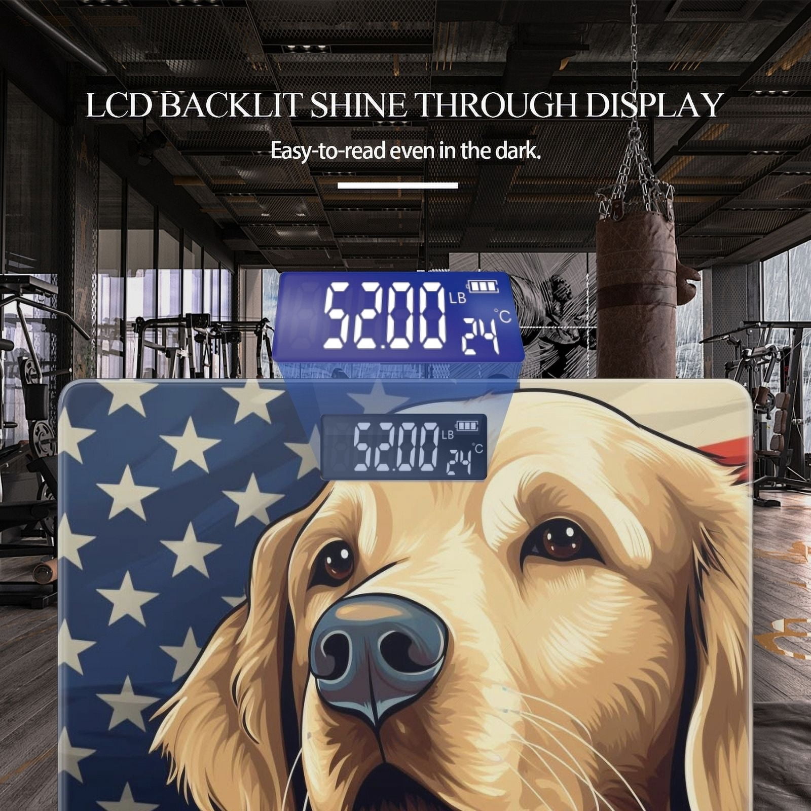 High Precision Body Weight Scale Smart Bathroom Scales with Large LCD Display(400lbs),Decorative for Bedroom-Golden Retriever In Front Of American Flag Background