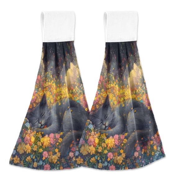 BZSMCE Hanging Hand Towels Fashion Flower-filled Dreams Pattern 2-Pack - Velcro Style Bathroom Kitchen Towels