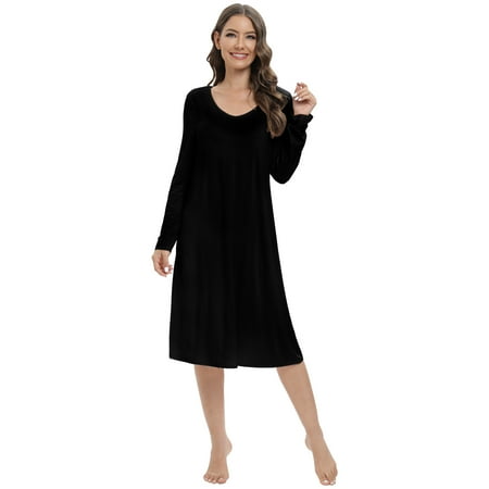 

Women s Nightshirt Long Sleeve Nightgown V-Neck Sleepwear Comfy Pajama Dress With Chest Pad