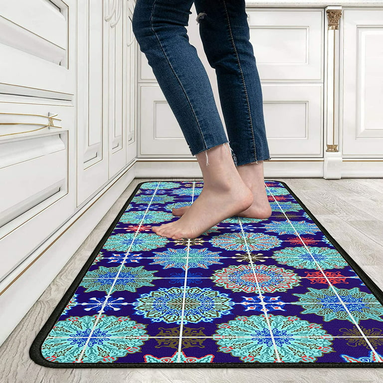 Kitchen Rugs and Mats Set of 2, Blue Kitchen Rug Comfort Floor Mat Non Slip  Washable Kitchen Carpet Rug Runner for Floor Home, Office, Sink, Laundry  17x47+17x30-Ethnic Traditional Pattern 