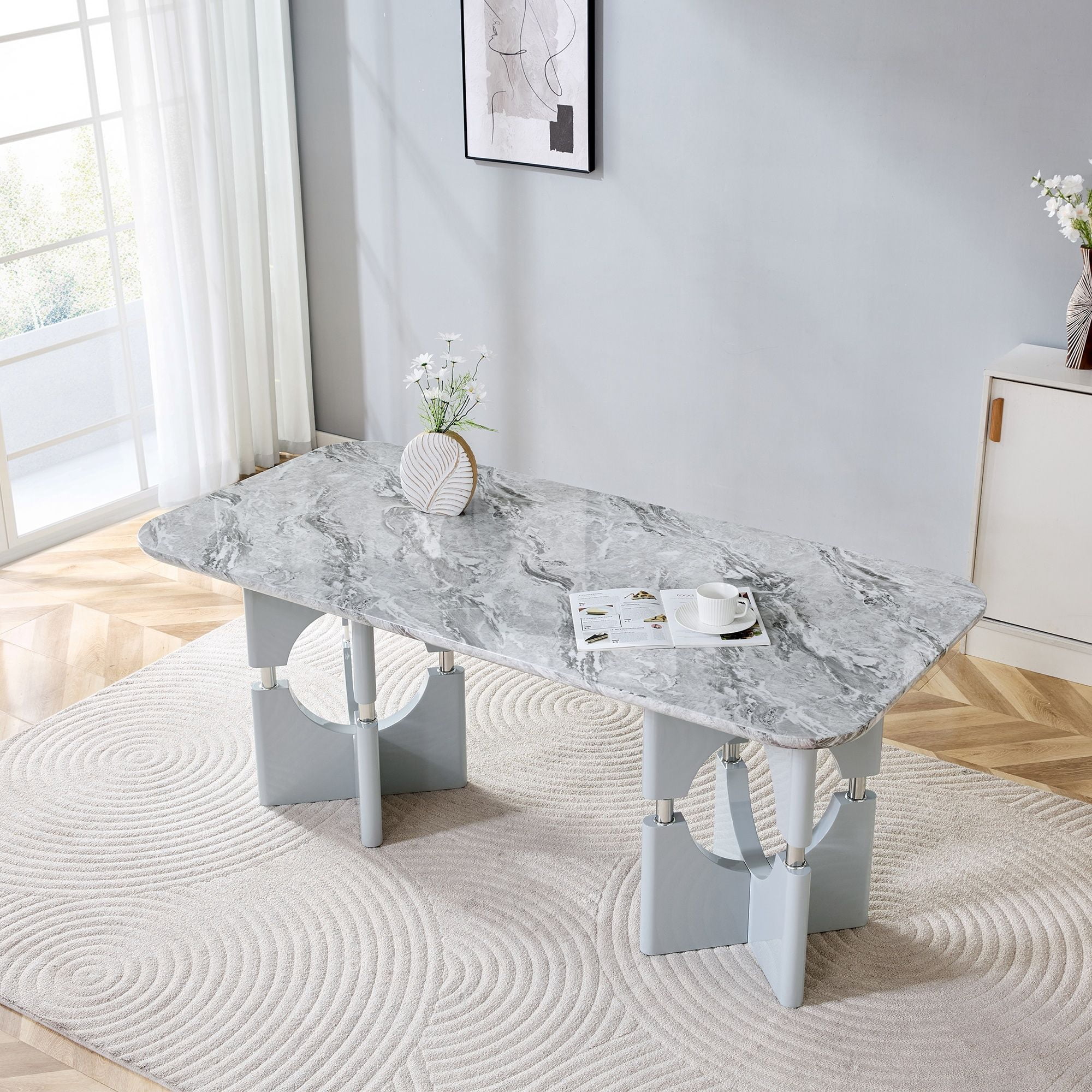 Alvantor 71" Gray Marble Pattern MDF Dining Table with Metal Accents