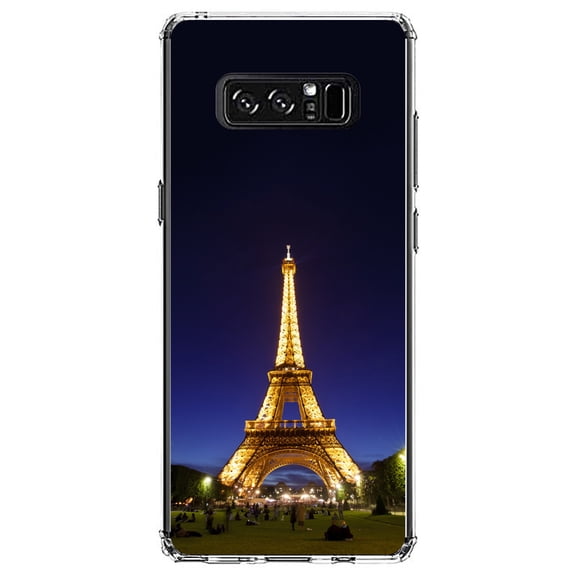 DistinctInk Clear Shockproof Hybrid Case for Samsung Galaxy Note 8 - TPU Bumper, Acrylic Back, Tempered Glass Screen Protector - Eiffel Tower Paris Night - Paris