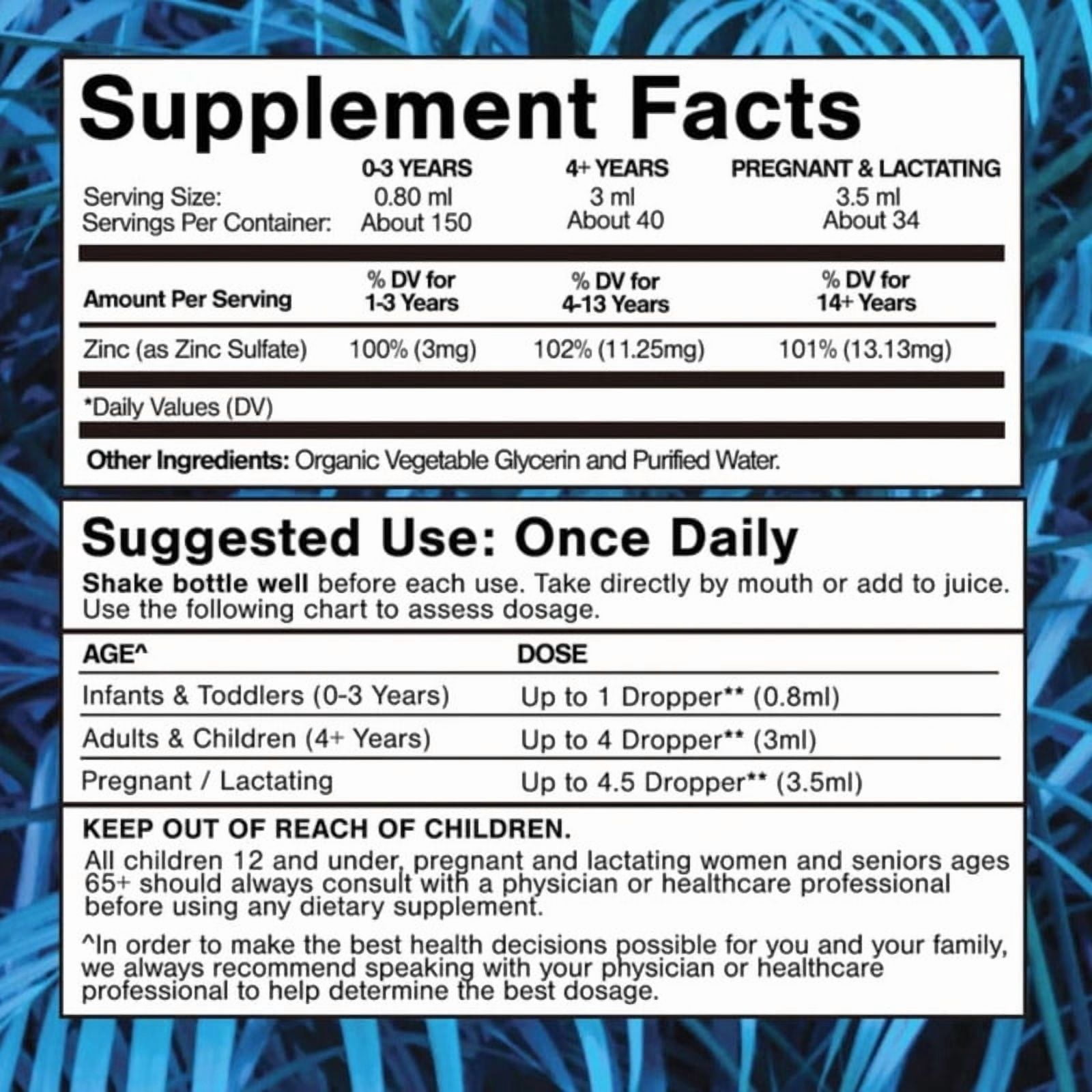 Tropical Oasis Ionic Zinc Drops for Kids & Adults, Maximum Strength Liquid Vitamin Vitamin Supplement for Immunity and Skin health, 4 Oz, 150 Servings