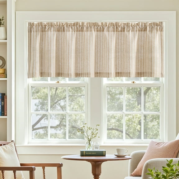 Curtainking Kitchen Valance Curtain Stripe Pattern Farmhouse Window Valance 16 inch Linen Window Treatment for Bathroom Bedroom Rod Pocket 1 Panel Taupe