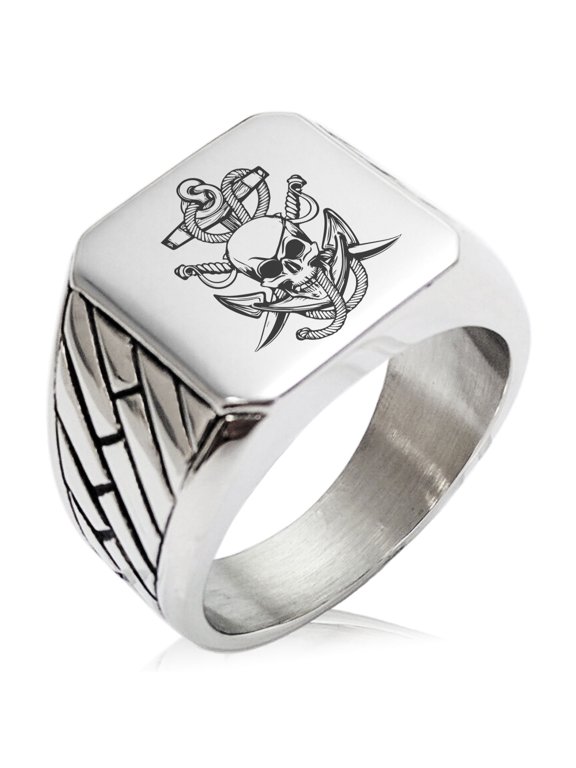 Stainless Steel Pirate Skull Anchor & Sabers Geometric Pattern Biker Style Polished Ring