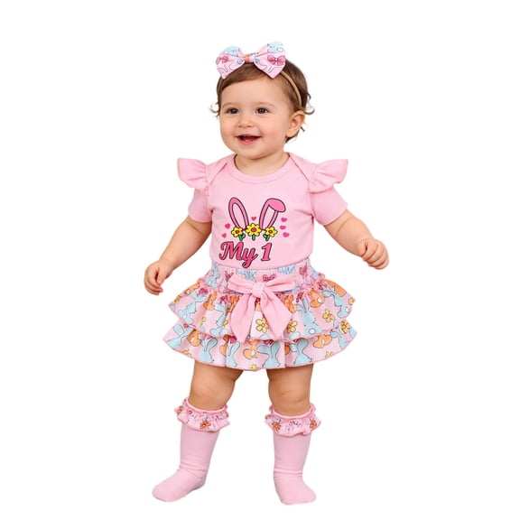 oqasdz Baby Girls Summer Outfits Adorable Bunny Print Romper Dress with Socks and Headband for Outfit Sets Comfort Fit