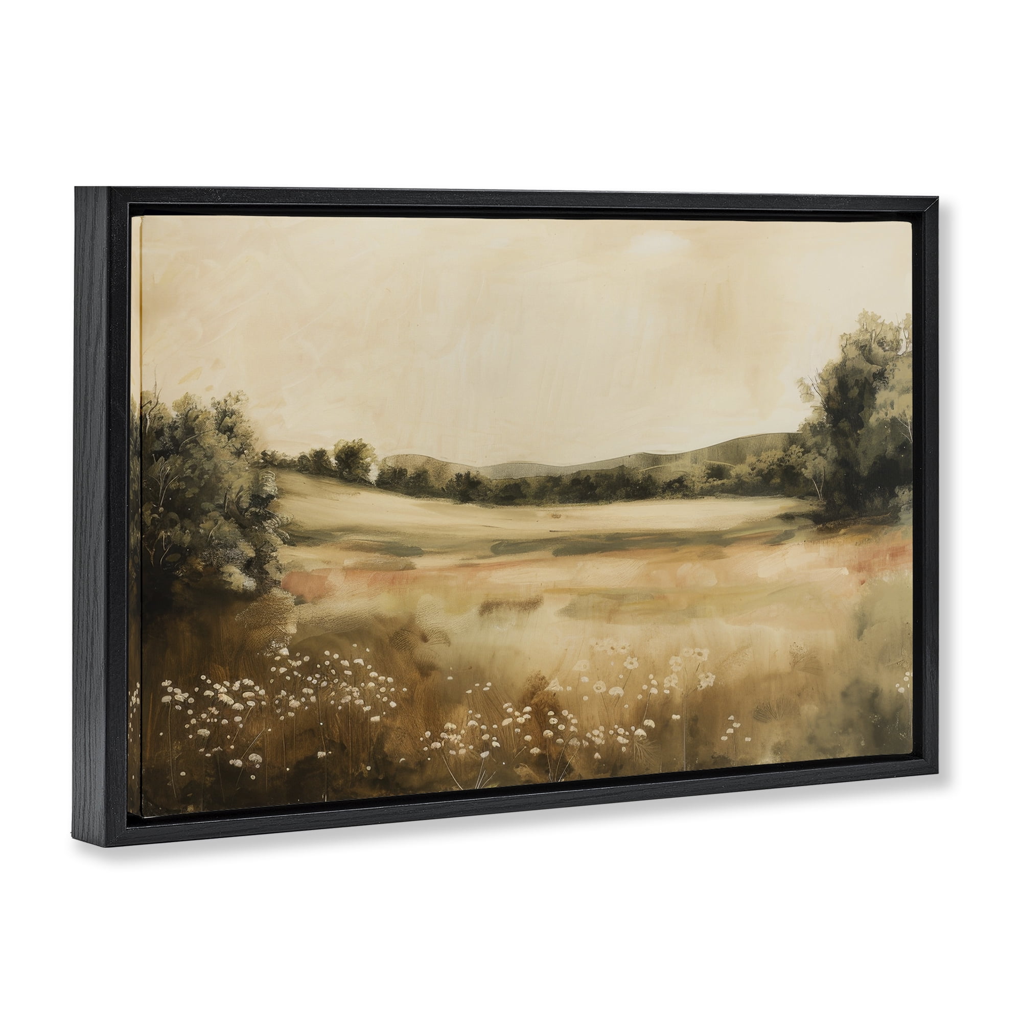 Stupell Industries Neutral Meadow Landscape Landscape & Nature Painting Black Floater Framed Canvas Art Print Wall Art, 31 x 21