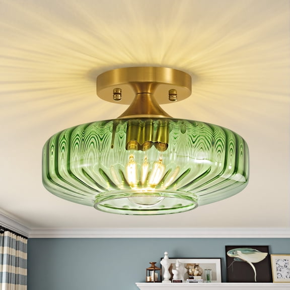 Deyidn Modern Gold Ceiling Light Fixture with Green Glass Shade, 9.84 inch Wide Semi-Flush Mount for Kitchen, Hallway, Bedroom