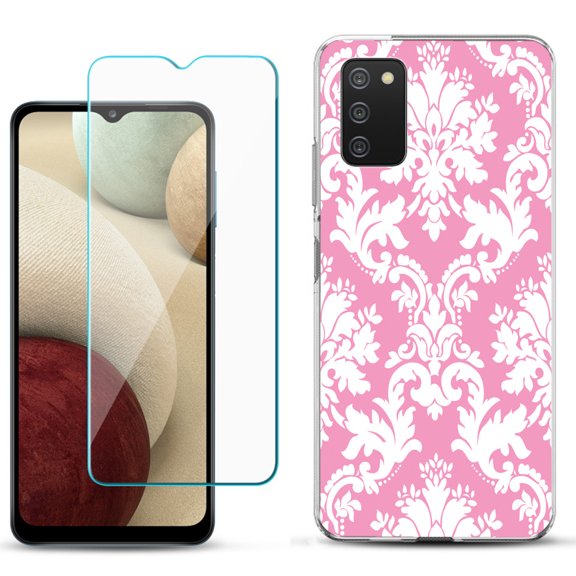 Slim-Fit TPU Phone Case Compatible with Samsung Galaxy A02s, with Tempered Glass Screen Protector, by OneToughShield ® - Victorian White/Pink