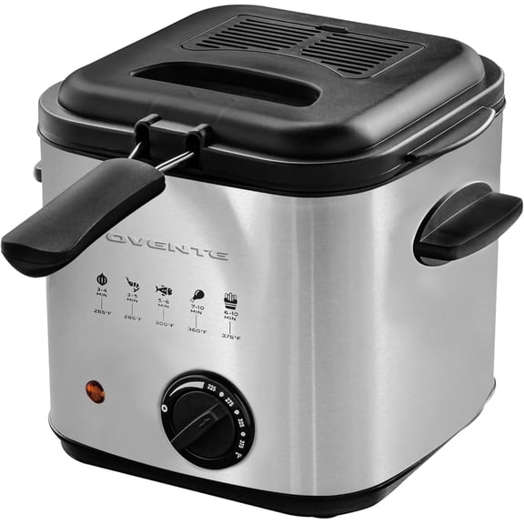 OVENTE Electric Deep Fryer, 1.5L Capacity, 800W, Silver FDM1501BR | Adjustable Temperature, Viewing Window Lid, Removable Frying Basket & Cool-Touch Handles, Stainless Steel Countertop Fryer