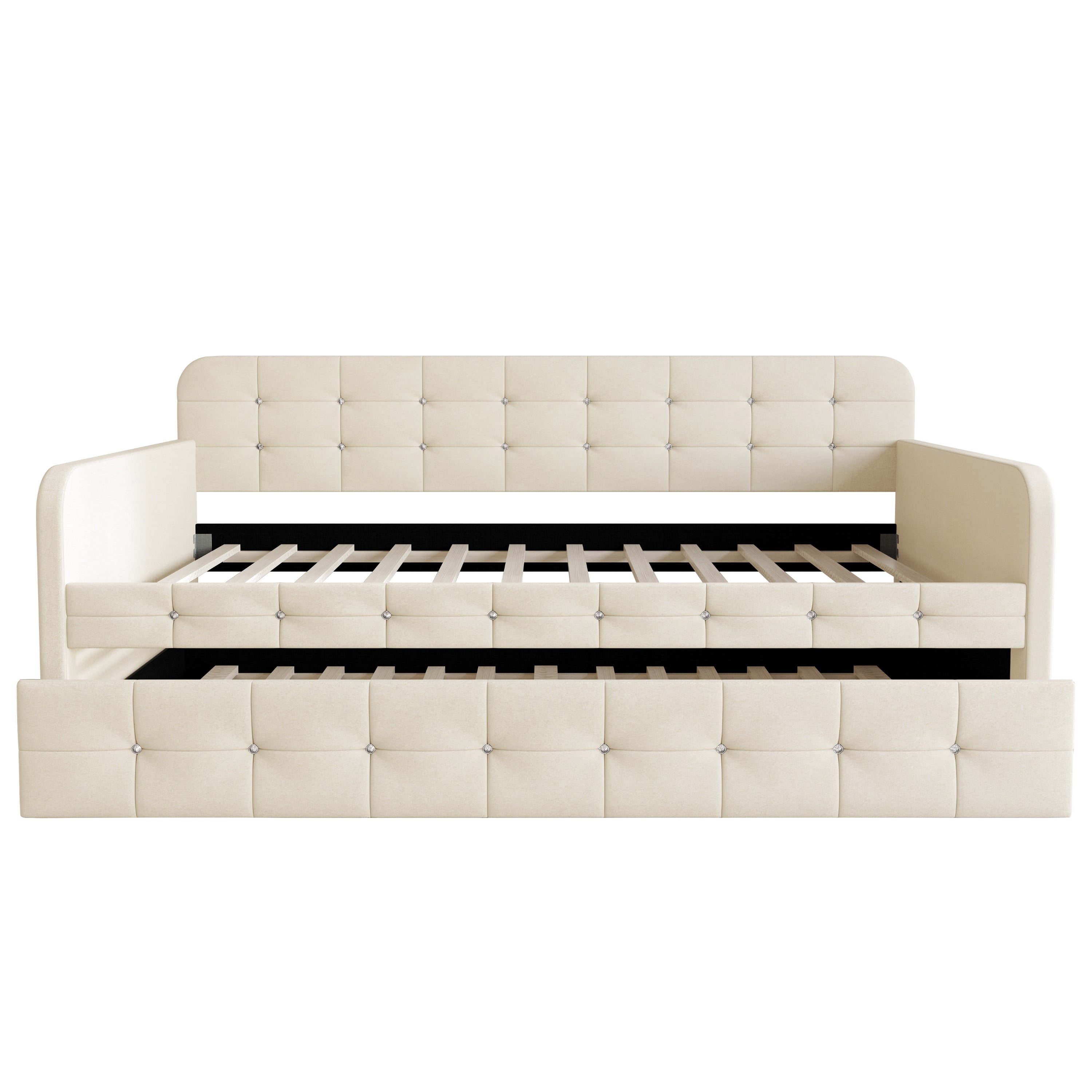 Home Design Elyria Twin Daybed with Velvet Upholstery, Diamond Button Tufting, Rounded Arms, Pull-Out Trundle, Solid Wood Frame, Stylish Seating and Sleeping, Beige