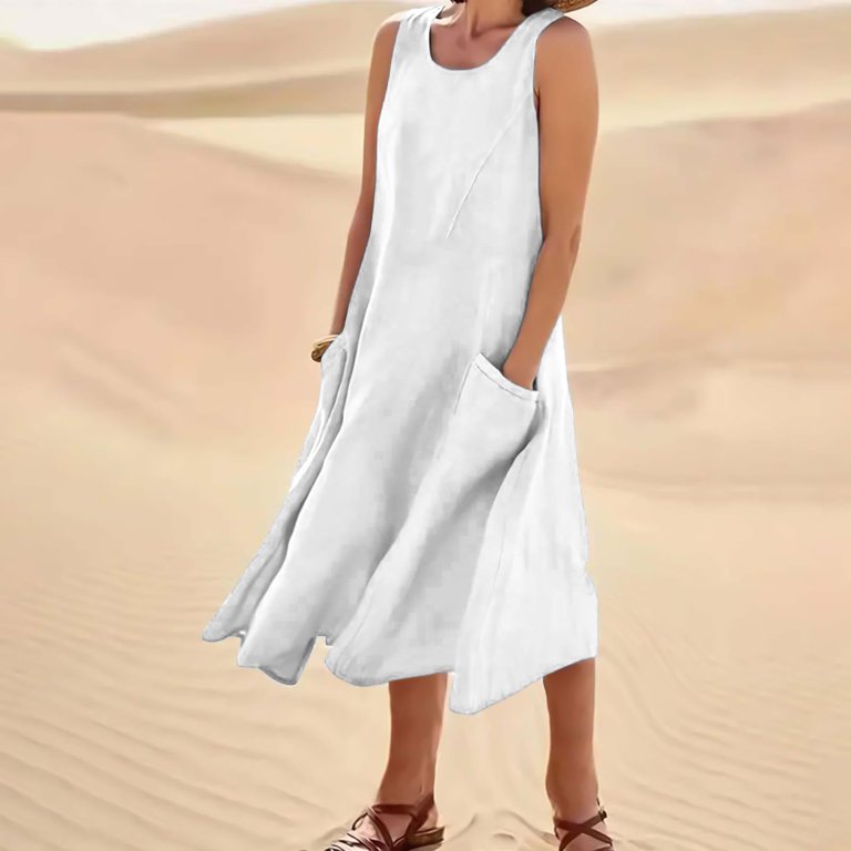 AKOEE Cotton Linen Tank Dress for Women with Pockets Scoop Neck Fashion Plus Size Summer Casual Midi/Long Dress (Small, White) - Walmart.com AKOEE Cotton Linen Tank Dress for Women with Pockets Scoop Neck Fashion Plus Size Summer Casual Midi/Long Dress (Small, White) - Walmart.com