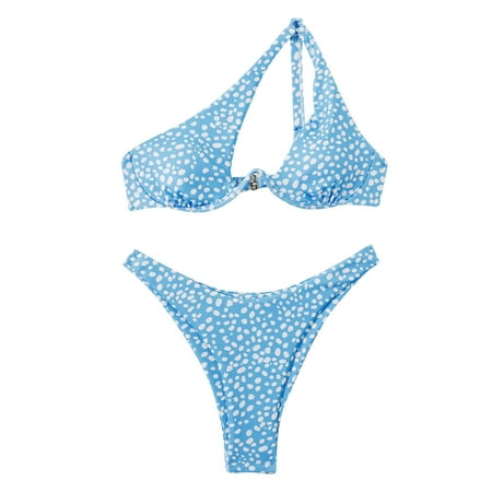 Jjayotai No Boundaries Womens One Shoulder Bikini  Dot Print High Waisted Cheeky Thong Swimwear  Two Pieces Bathing Suit  Women s Swimsuits 2025 Light Blue~ M