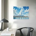thumbnail image 3 of JRXY  City Wall Art Abstract Navy Blue Cityscape Canvas Painting New York Brooklyn Bridge Skyline Sailboat Picture Grey Textured Artwork Framed for Living Room Bedroom Office Home Decor 16x12in, 3 of 4