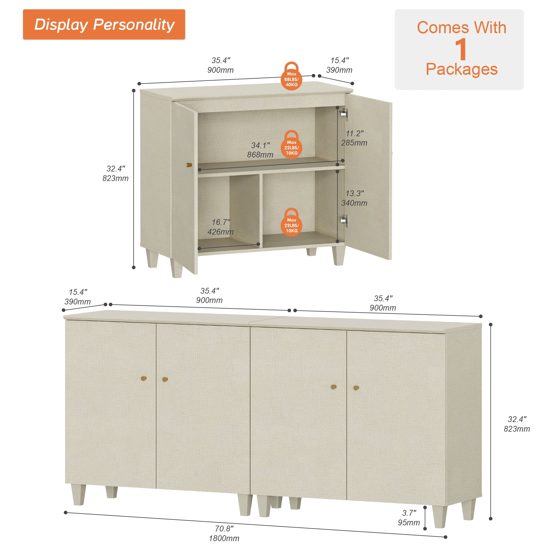 Sideboard Buffet Cabinet with 6 Compartments, 71" Wide, Beige Linen Printed Finish