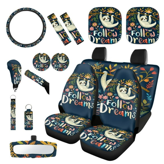 Yuyamidu Sloth Car Seat Cover 16 PCS Auto Front Back Seat Cover Flower Steering Wheel Cover Handbrake Sets Seat Belt Pads Car Sun Shade Rearview Mirror Cover Cup Holder Keychains Wristlet Strap