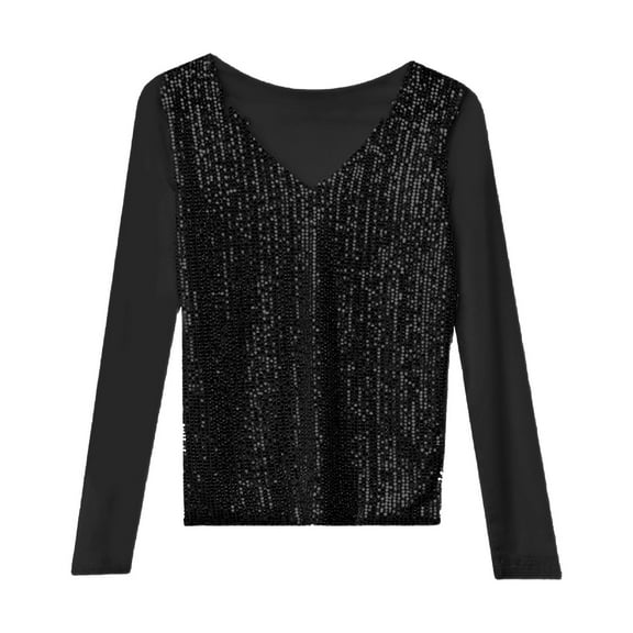 TODOZO Womens Sequin Tops Long Sleeve Glitter Sparkly Party Blouse V-Neck Dressy Tops for Evening Party Sequin Top for Women Club Disco Outfit Blouse Top Shirts for Women Trendy Summer Black L