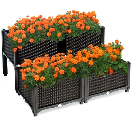 Costway Set of 4 Raised Garden Bed Elevated Flower Vegetable Herb Grow Planter Box - Brown + Black