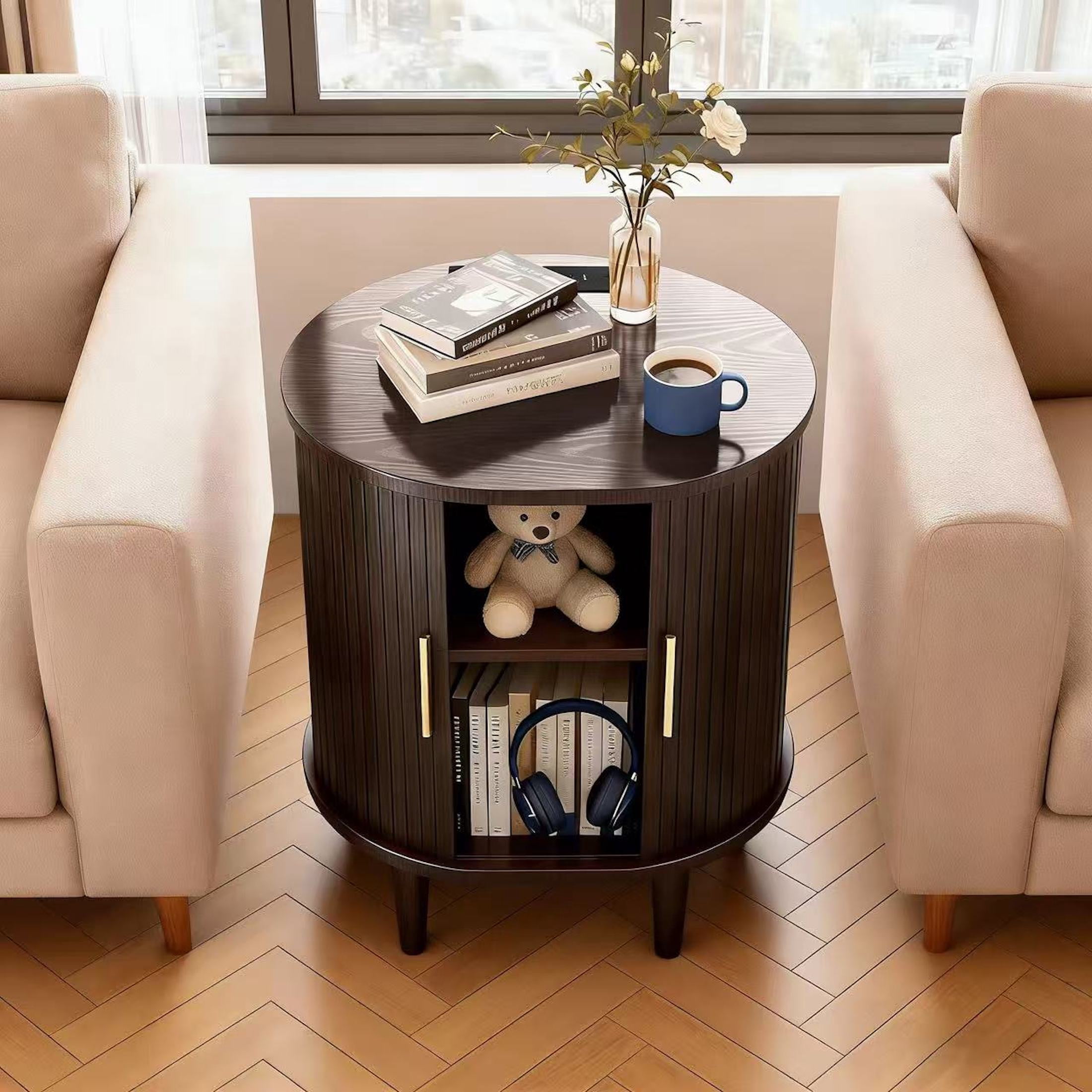Aisword Nightstand with Charging Station, Fluted Accent Side Table with Sliding Door and Adjustable Shelf, End Table for Small Space, Brown