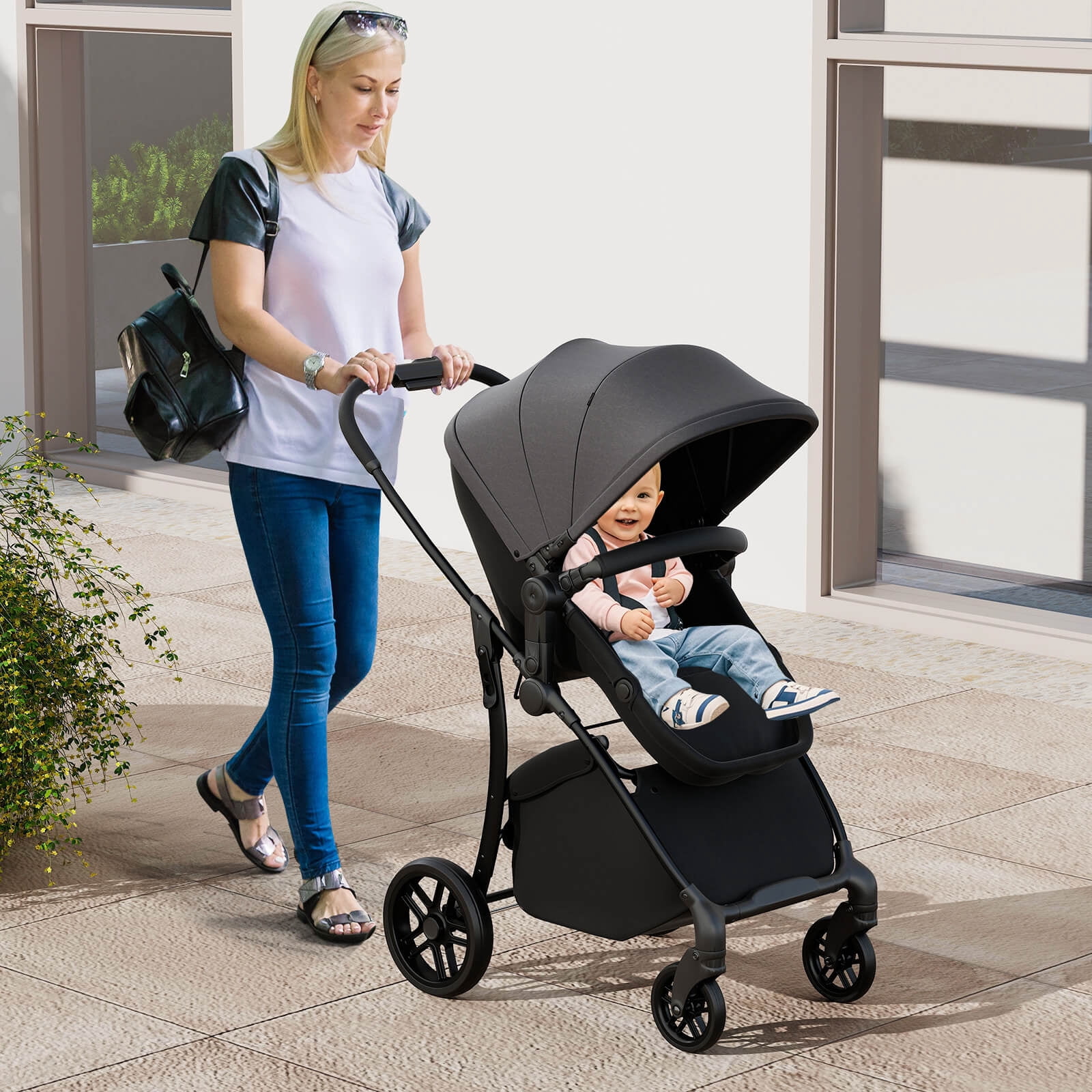 Babyjoy 2 in 1 Baby Stroller Folding High Landscape Pushchair with Bassinet Mode Gray
