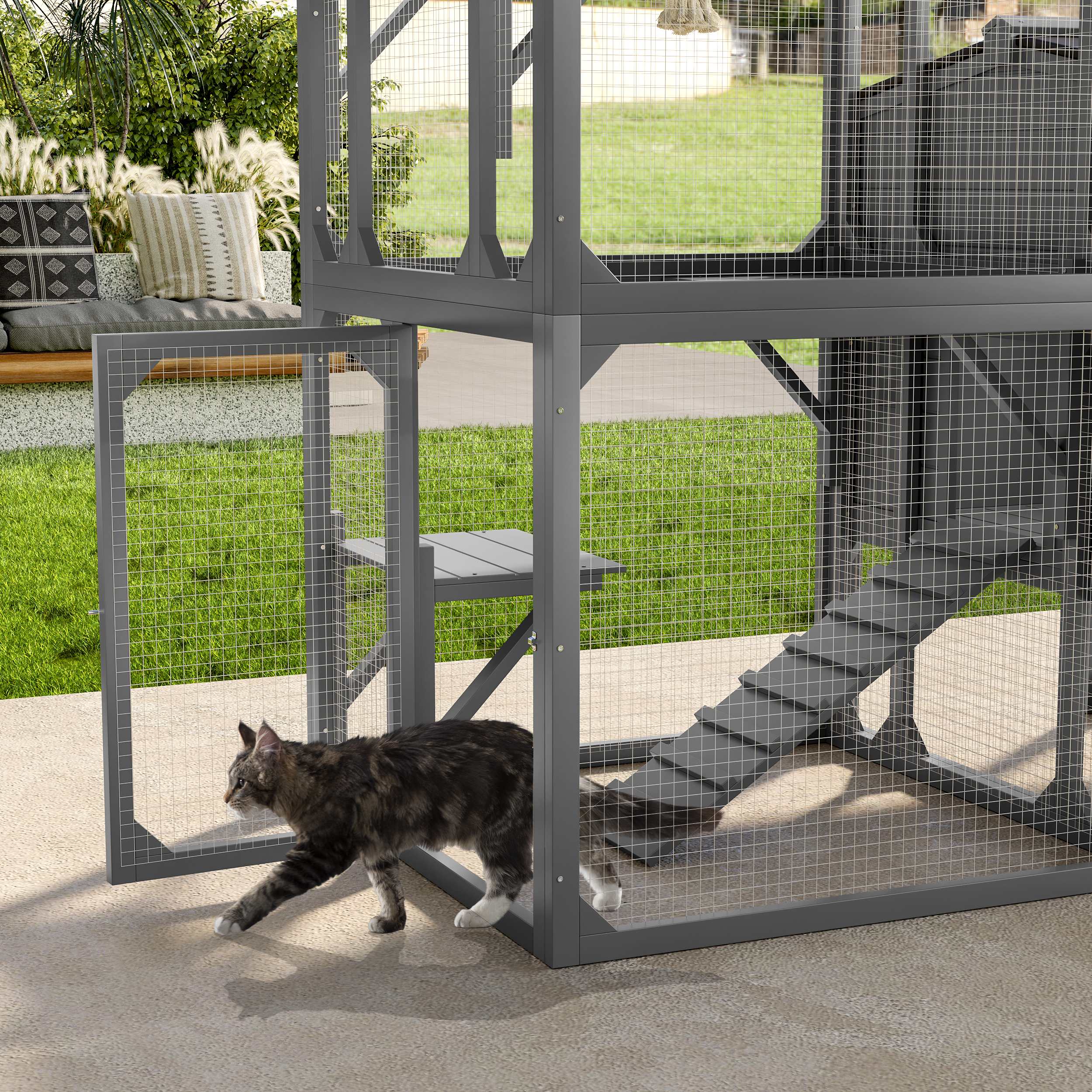 Cat House Outdoor Catio Cat Enclosures, Large Cat Cage for Multiple Cats with Jumping Platforms and Cat Swing, Removable Waterproof Cover, UV Resistant, 2 Combination
