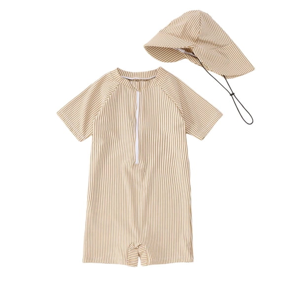 Byoo Newborn Boys Stripe Print Swimsuit One Piece Short Sleeve Zipper Swim Set with Sun Hat Beach Swimwear for Kids