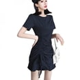 thumbnail image 1 of Women‘s Ruffled Drawstring Slim O Neck Dress Short Sleeve Solid Casual Lace Up Ruffles A-line Dresses Black XL, 1 of 7