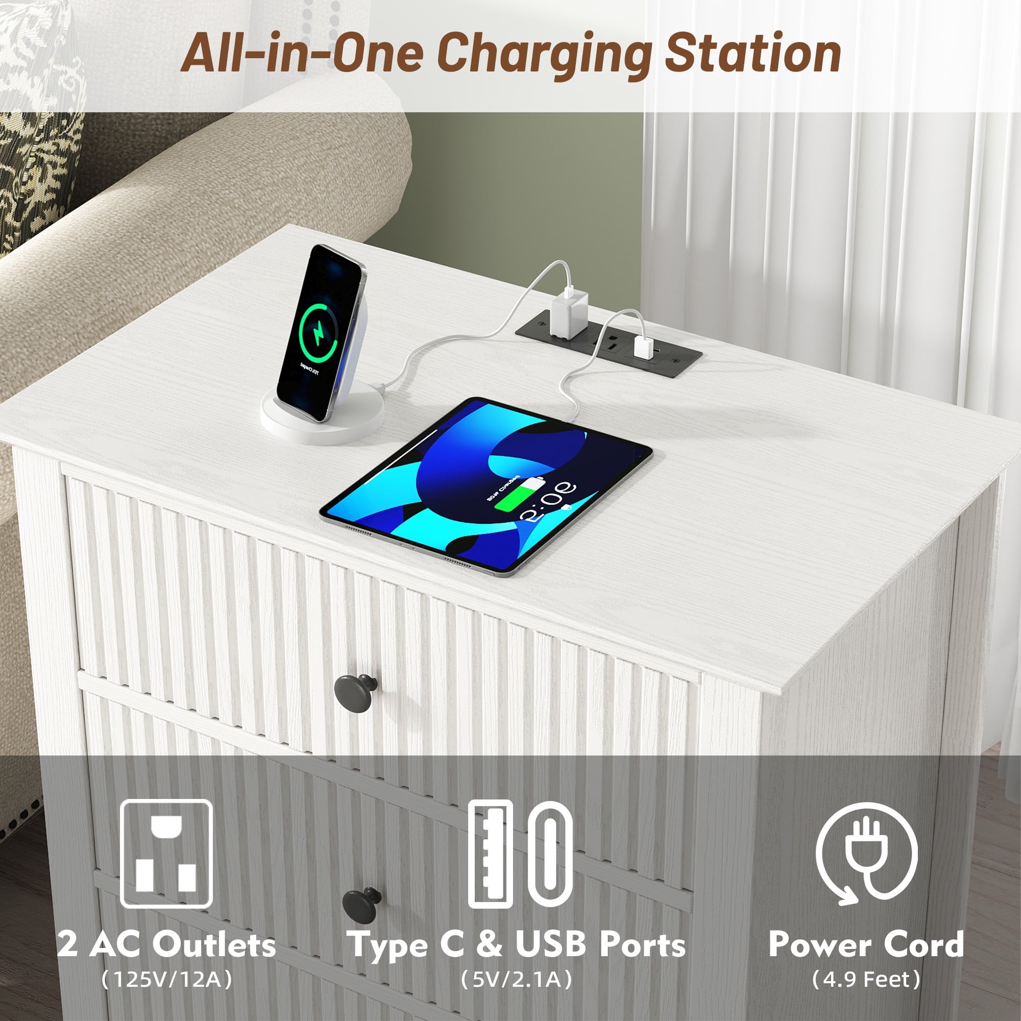 Modern Nightstand with Charging Station & 3 Drawers, 24 Inch Wide Bedside Table Set of 2 for Bedroom and Living Room, Large Storage End Table with Fluted Design, White