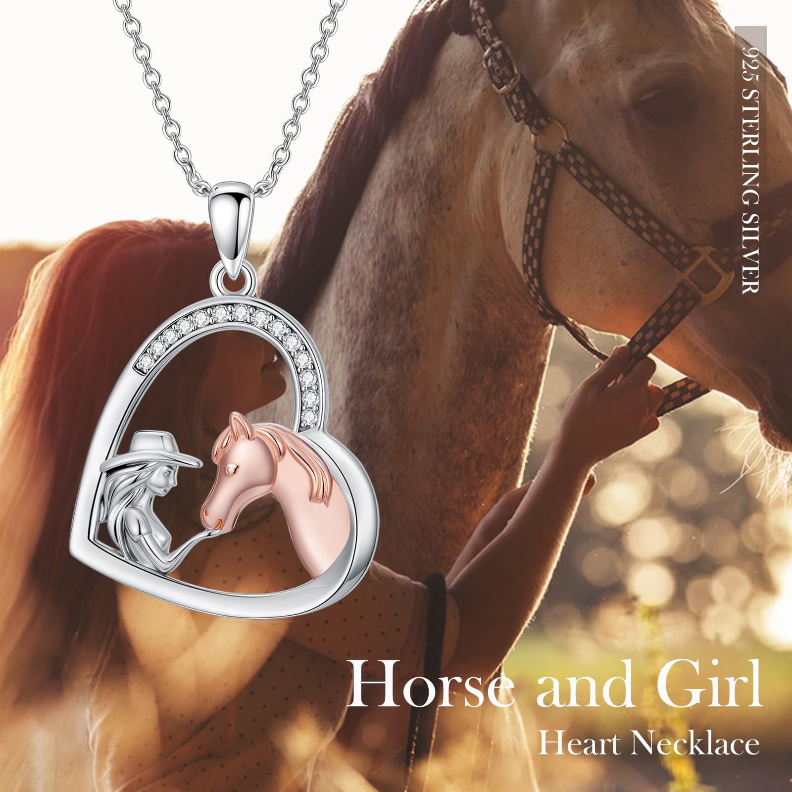Horse Necklace 925 Sterling Silver Heart Pendant Necklace Western Jewelry Mothers Day Birthday Gifts for Women Mom Daughter Equestrian Lovers Horses Lovers