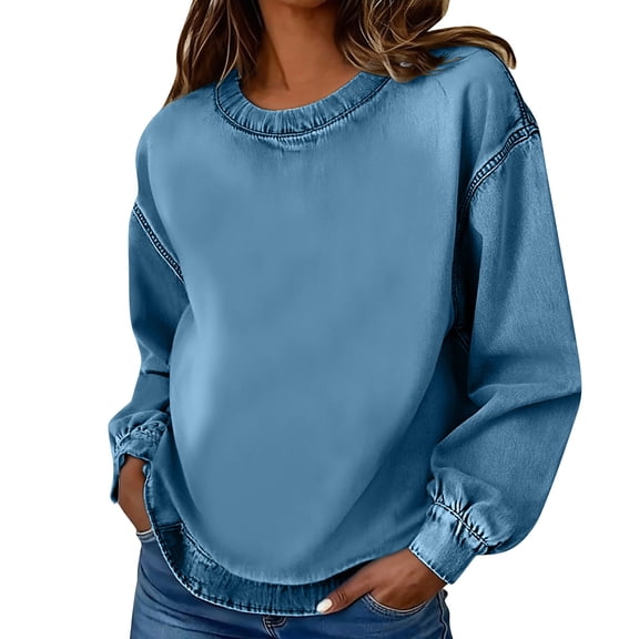 WXLWZYWL Denim Sweatshirts for Women Crewneck Pullover Tops Long Sleeve Shirts Vintage Loose Blouses