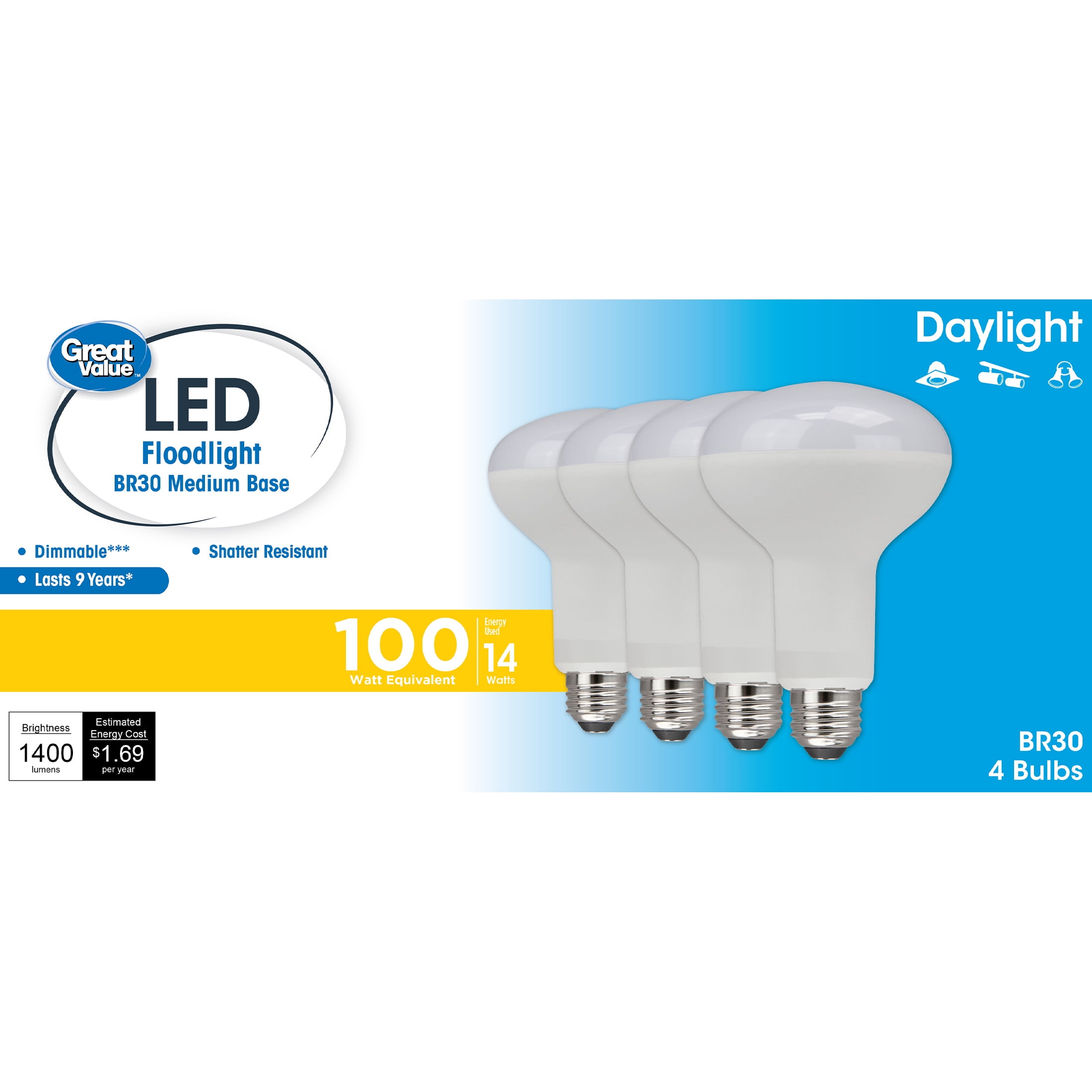Great Value LED Light Bulb, 14 Watts (100W Equivalent) BR30 Floodlight Lamp E26 Medium Base, Dimmable, Daylight, 4-Pack