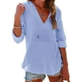 thumbnail image 4 of Pxiakgy Womens Linen Drawstring Shirt Casual Long Sleeve Cotton Blouse Loose Fit Collared Work Gauze Tops Cotton Linen Long Sleeved T Shirt Beach V Neck Large Pocket Shirt Top Light Blue M, 4 of 8
