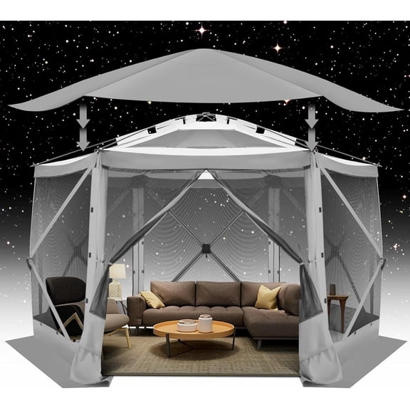 COBIZI 12x12 Pop-up Gazebo Starry Sky Screen Canopy Tent Screen House for Camping, Screen Room with Mosquito Netting, Hub Tent Instant Screened Canopy with Carrying Bag and Ground Stakes, Gray