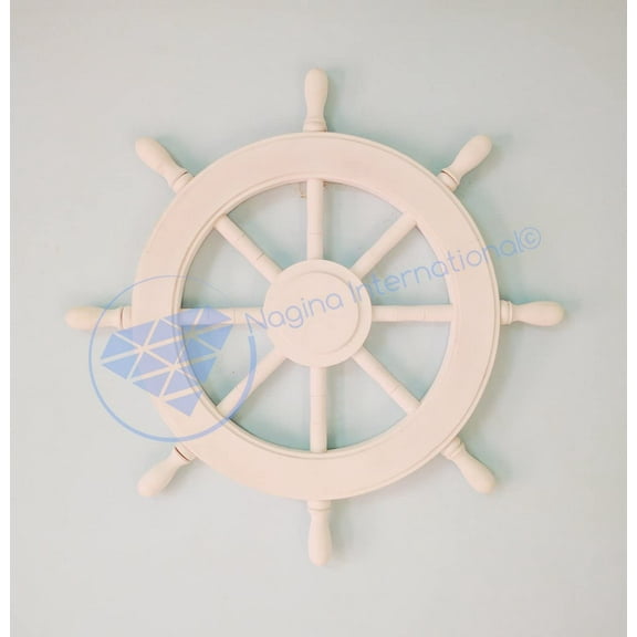 Nagina International 24" Nautical Home Decor Pure White Wooden Ship Whee