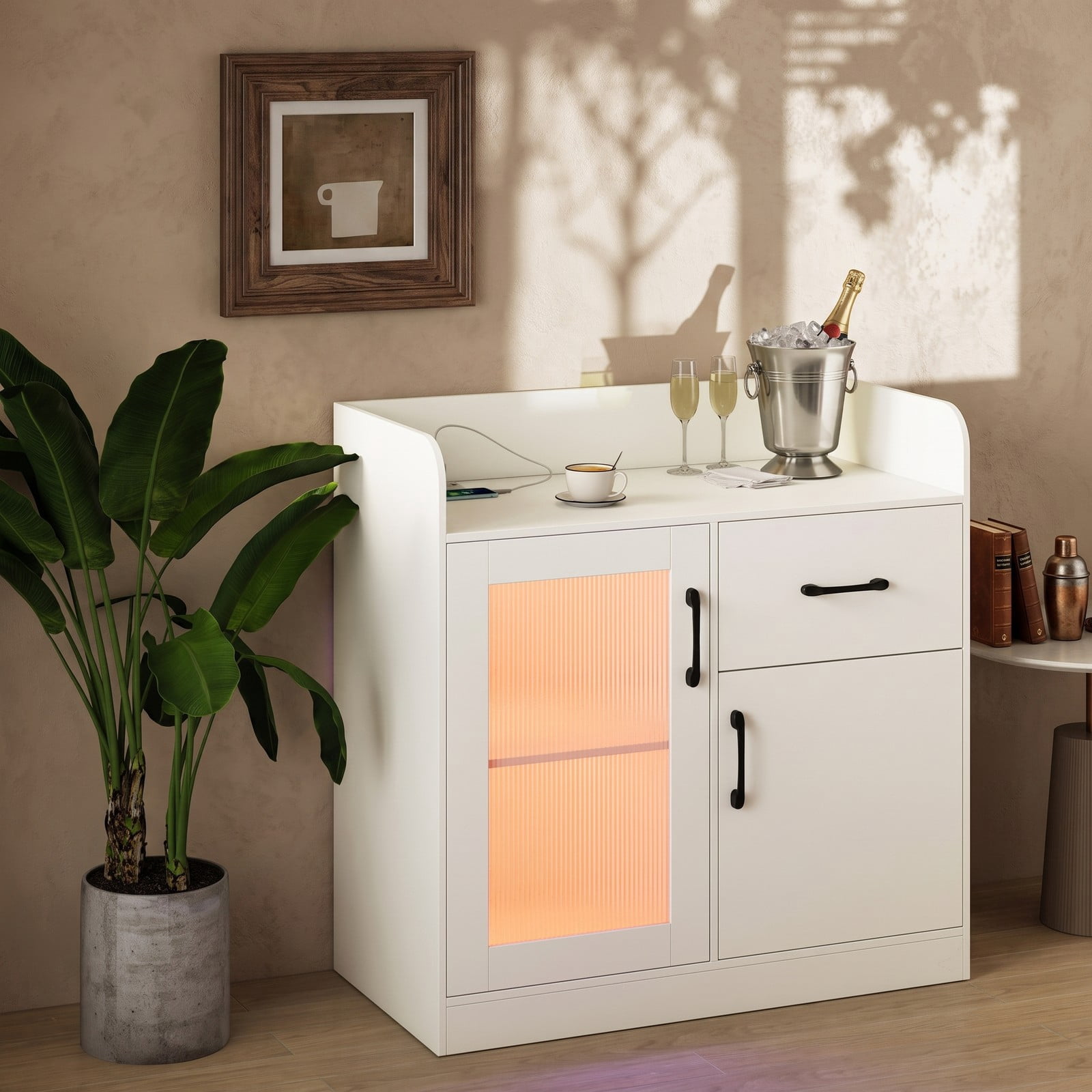Furnibear LED Buffet Sideboard with Charging Station, USB Type-C and AC Outlets, Storage Drawer, Translucent Fluted Door, RGB Light Buffet Cabinet for Dining, White