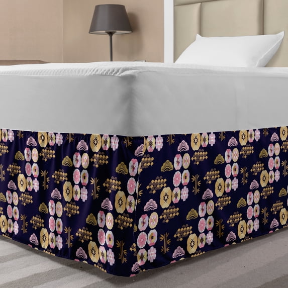 Asian Bed Skirt, Japanese Art Inspired Sakura Flowers Clouds and Waves Cultural Vibes Print, Elastic Bedskirt Dust Ruffle Wrap Around for Bedding Decor, 4 Sizes, Indigo and Multicolor, by Ambesonne