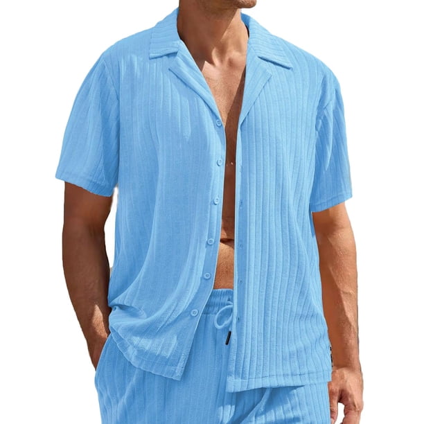 Mens Casual Manga Corta Botón Abajo Camisas de Moda Botón Sólido Turndown Cuello Blusas, Camisa Ligera Casual