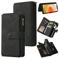 Wallet Case for iPhone 12 / 12 Pro, Magnetic Zipper Pouch Premium PU Leather with Kickstand Wallet Flip Shockproof Phone Case Wrist Strap Card Slots Holder Pocket iPhone 12 / 12 Pro, Black