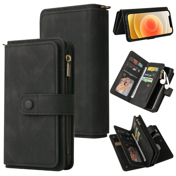 Wallet Case for iPhone 12 / 12 Pro, Magnetic Zipper Pouch Premium PU Leather with Kickstand Wallet Flip Shockproof Phone Case Wrist Strap Card Slots Holder Pocket iPhone 12 / 12 Pro, Black